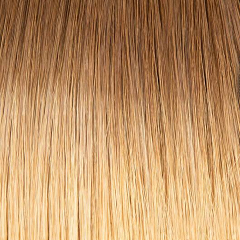 A close-up image of 20 inch tape-in hair extensions in natural black color